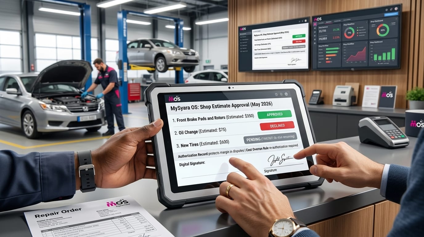 Shop manager reviewing an estimate approval queue on a tablet in an auto repair workshop bay with vehicles on lifts behind