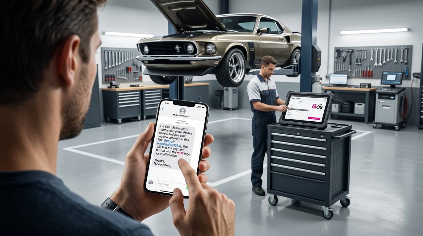 Service advisor at a shop counter reviewing payments and invoicing software on a tablet, vehicle on a lift behind