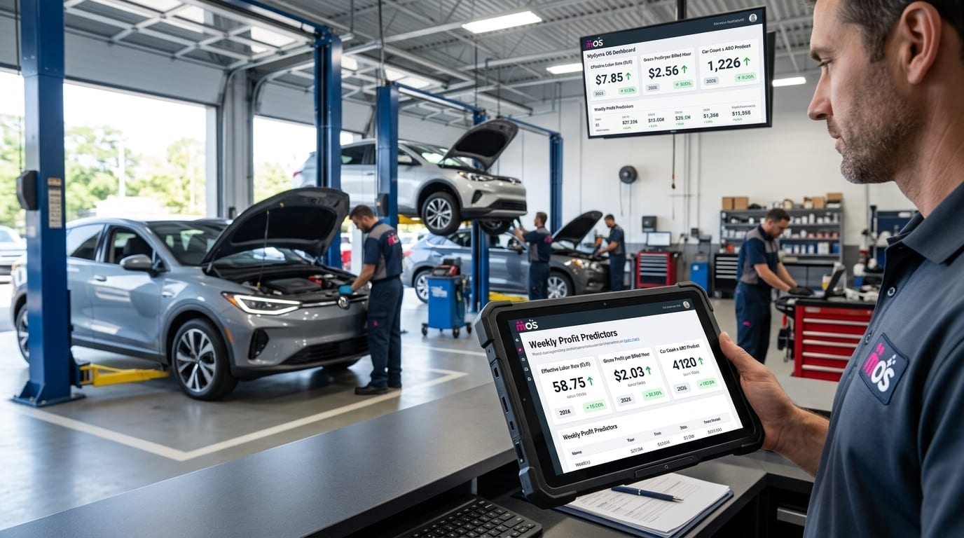 Shop manager holding a tablet that shows weekly profit-predictor KPIs in a busy repair shop with vehicles on lifts behind