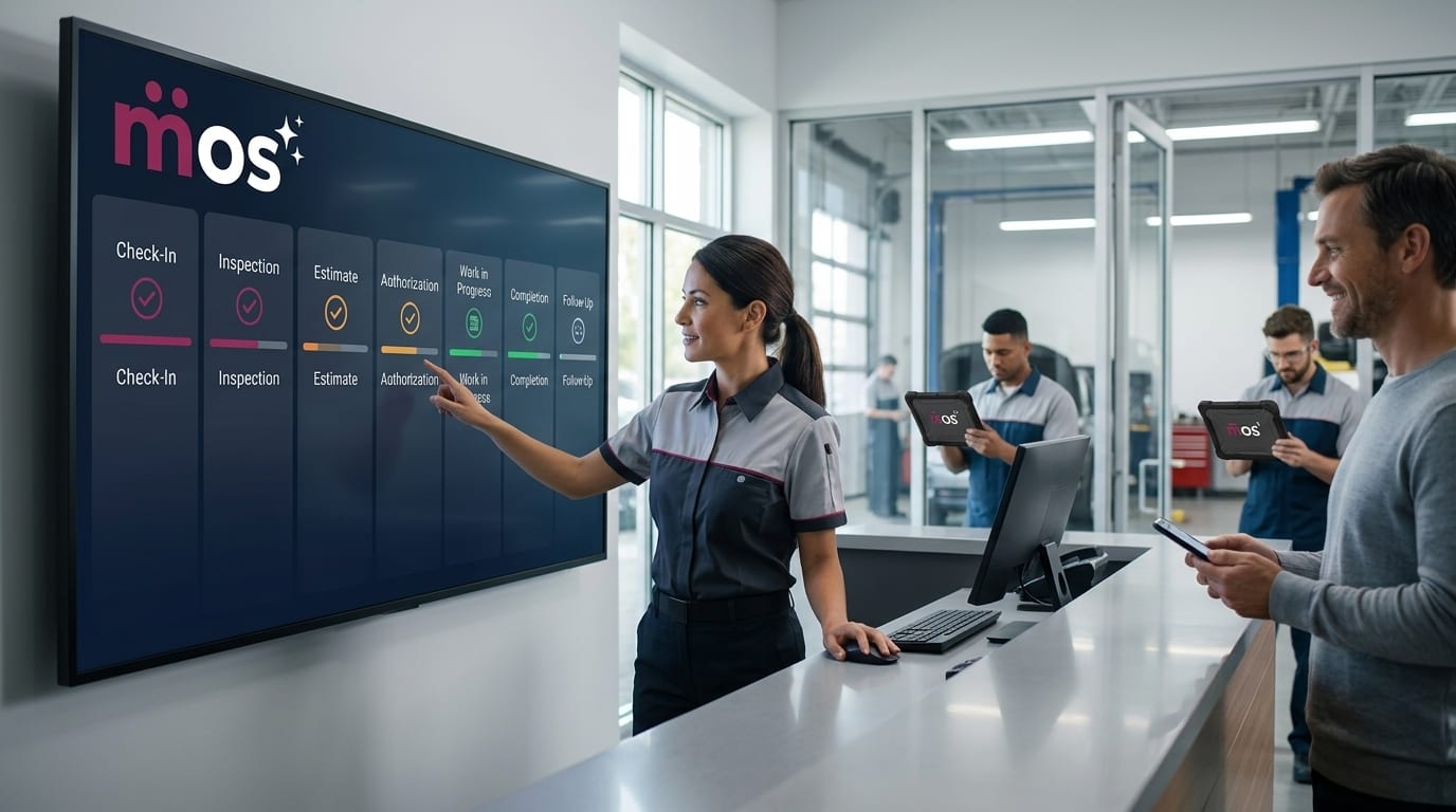 Service advisor walking through an end-to-end repair order workflow on a tablet beside a workshop service counter