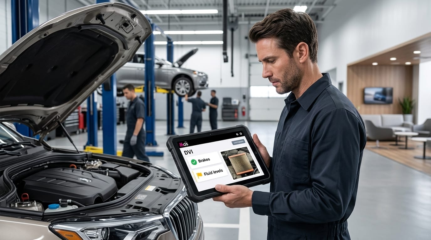 Shop owner reviewing growth-stage shop management software options on a tablet in a modern auto repair workshop