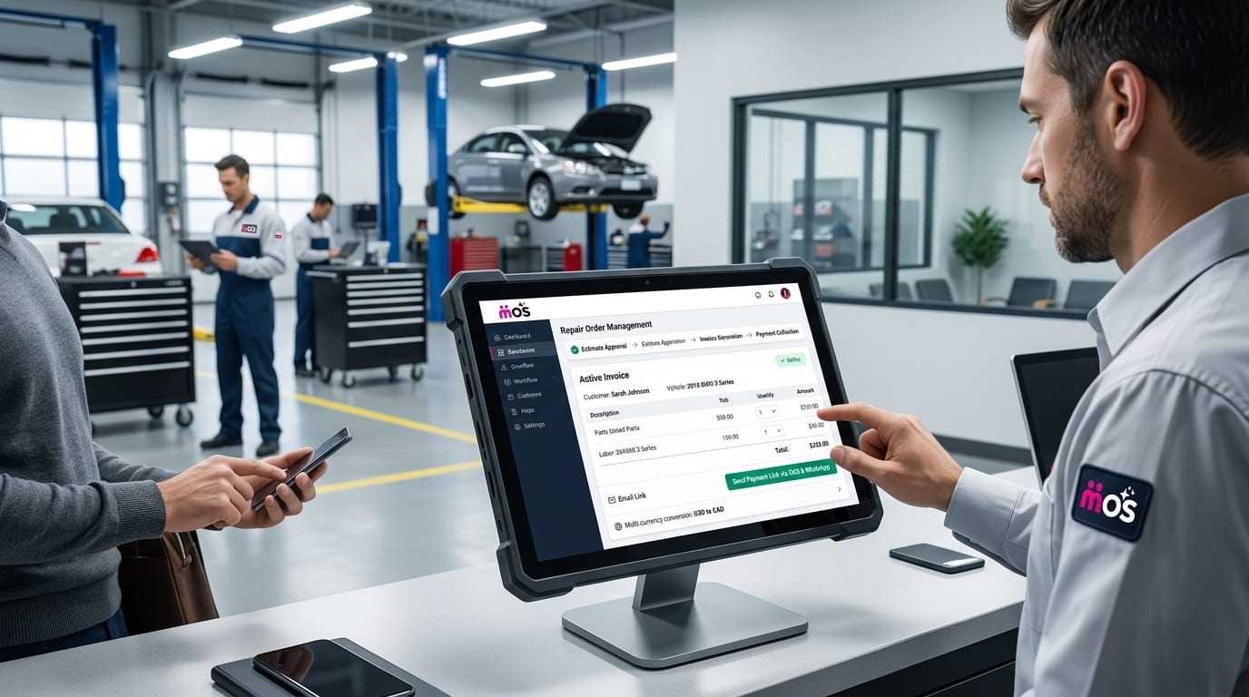 Shop owner generating a customer invoice on a tablet in an auto repair workshop bay