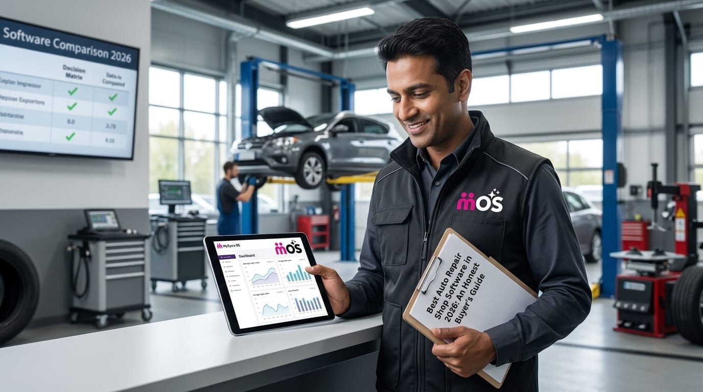 Shop owner evaluating top auto repair shop software options on a tablet in a busy workshop