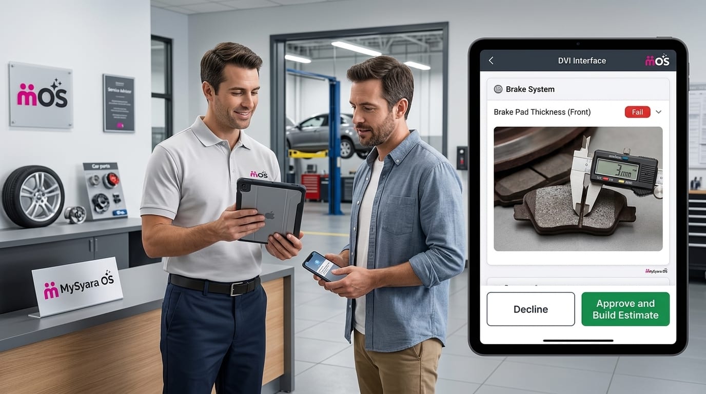 Service technician reviewing a digital vehicle inspection checklist on a tablet beside a vehicle on a lift