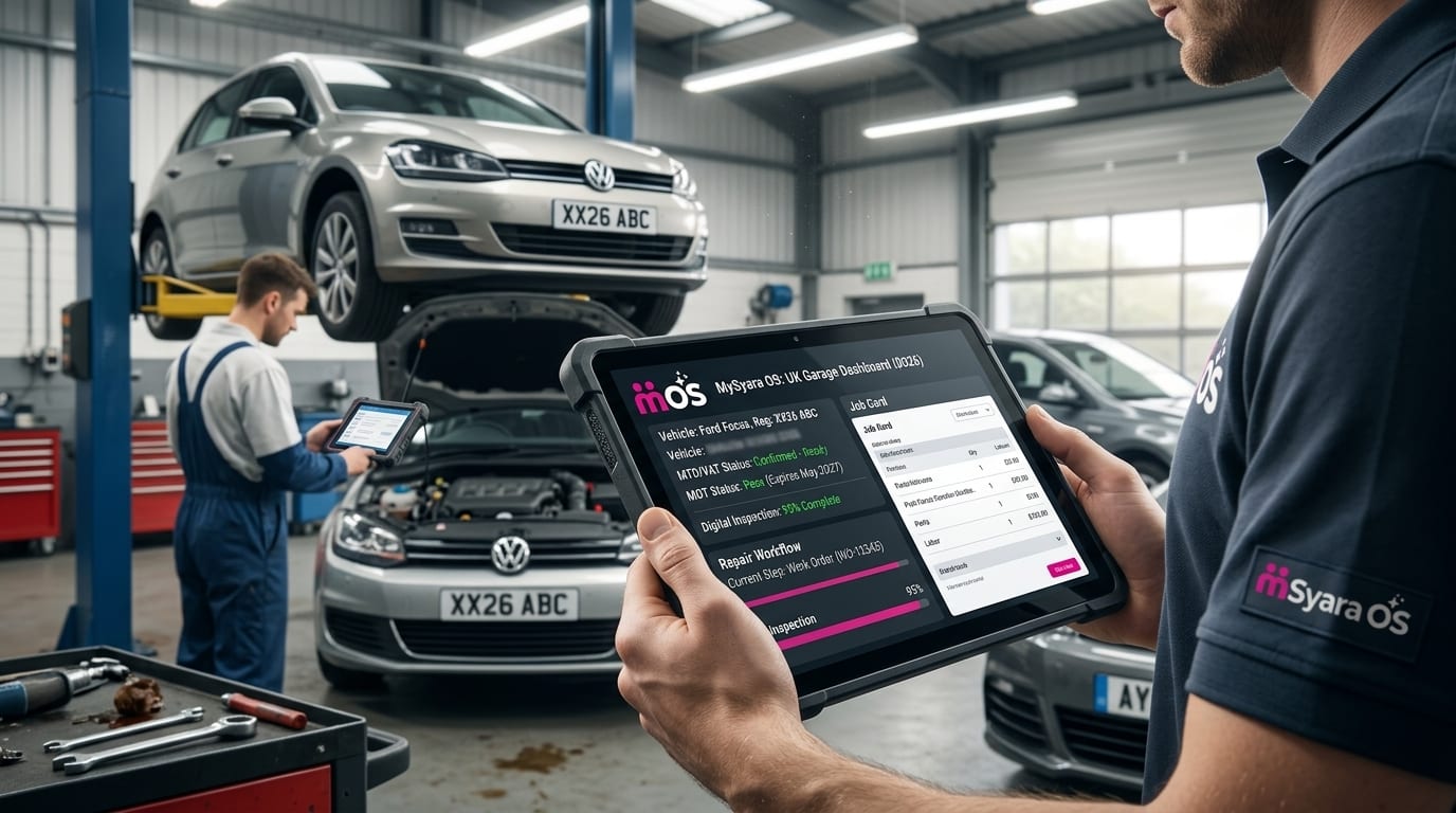 UK garage owner reviewing Making Tax Digital and MOT-aware repair shop software on a tablet beside vehicles on lifts