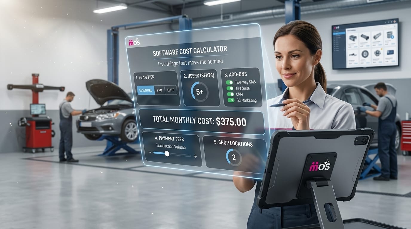 Shop owner comparing auto repair software costs on a tablet at a workshop service counter