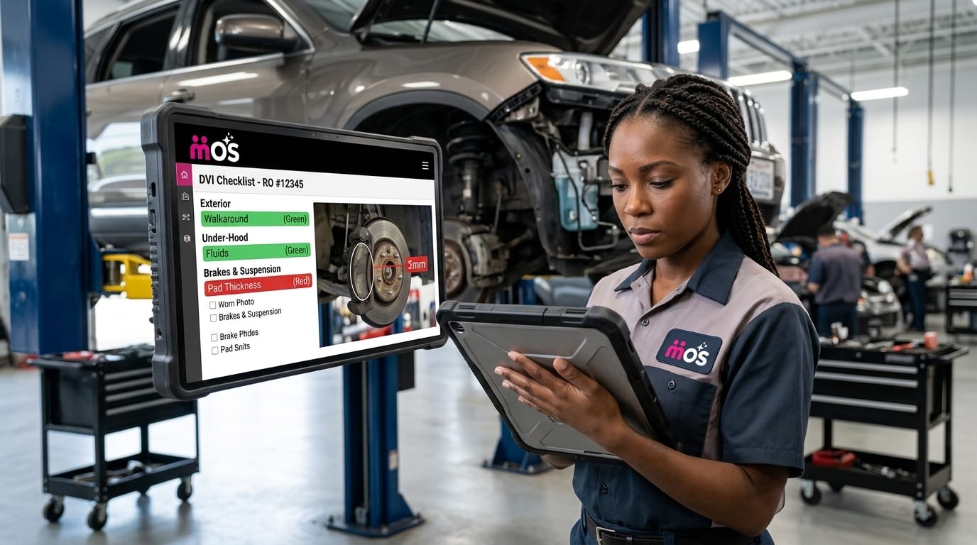 Service technician completing a DVI checklist on a tablet beside a vehicle on a lift in a workshop bay