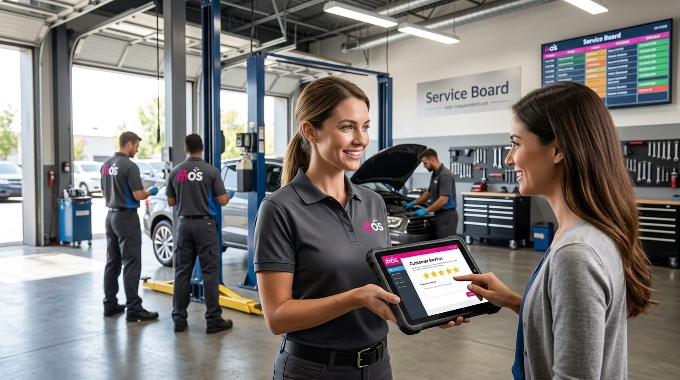 Shop owner reviewing a customer acquisition dashboard on a tablet at an auto repair workshop service counter