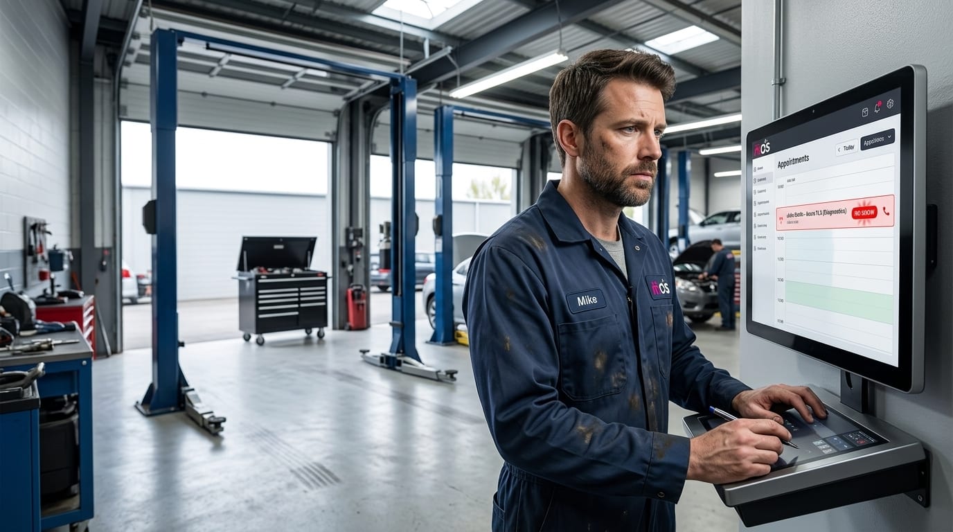 Shop owner reviewing a no-shows and reminders dashboard on a tablet in an auto repair workshop