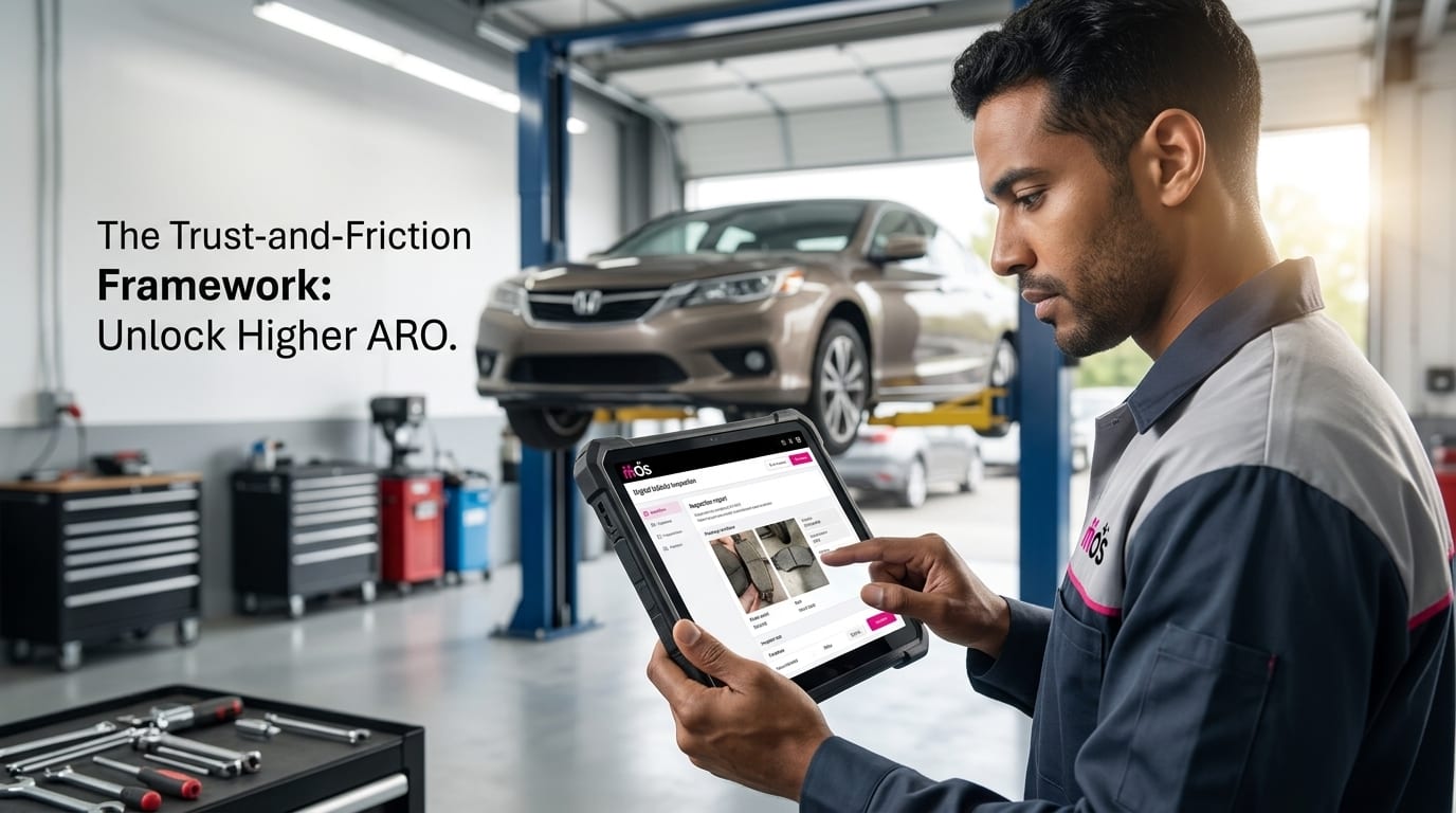 Service advisor reviewing an ARO improvement framework on a tablet at a workshop service counter