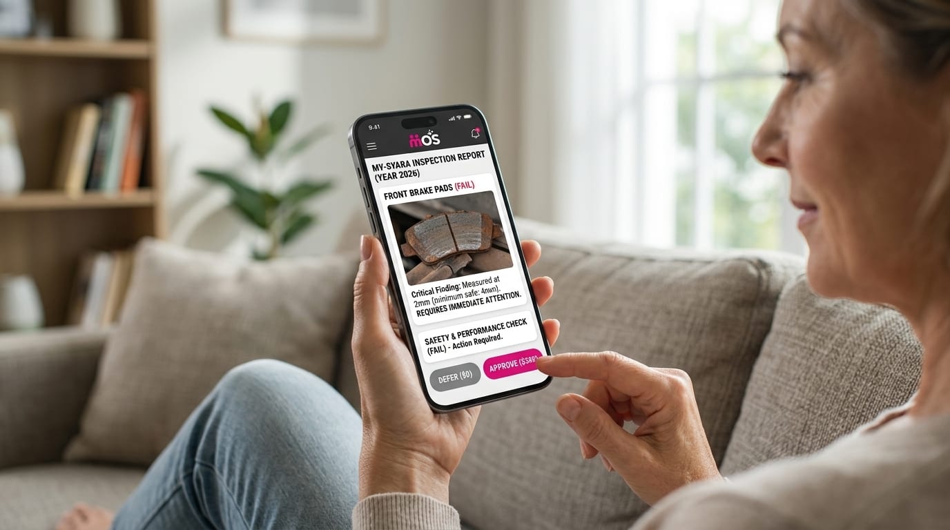 Customer reading a mobile vehicle inspection report on her phone at home on the couch