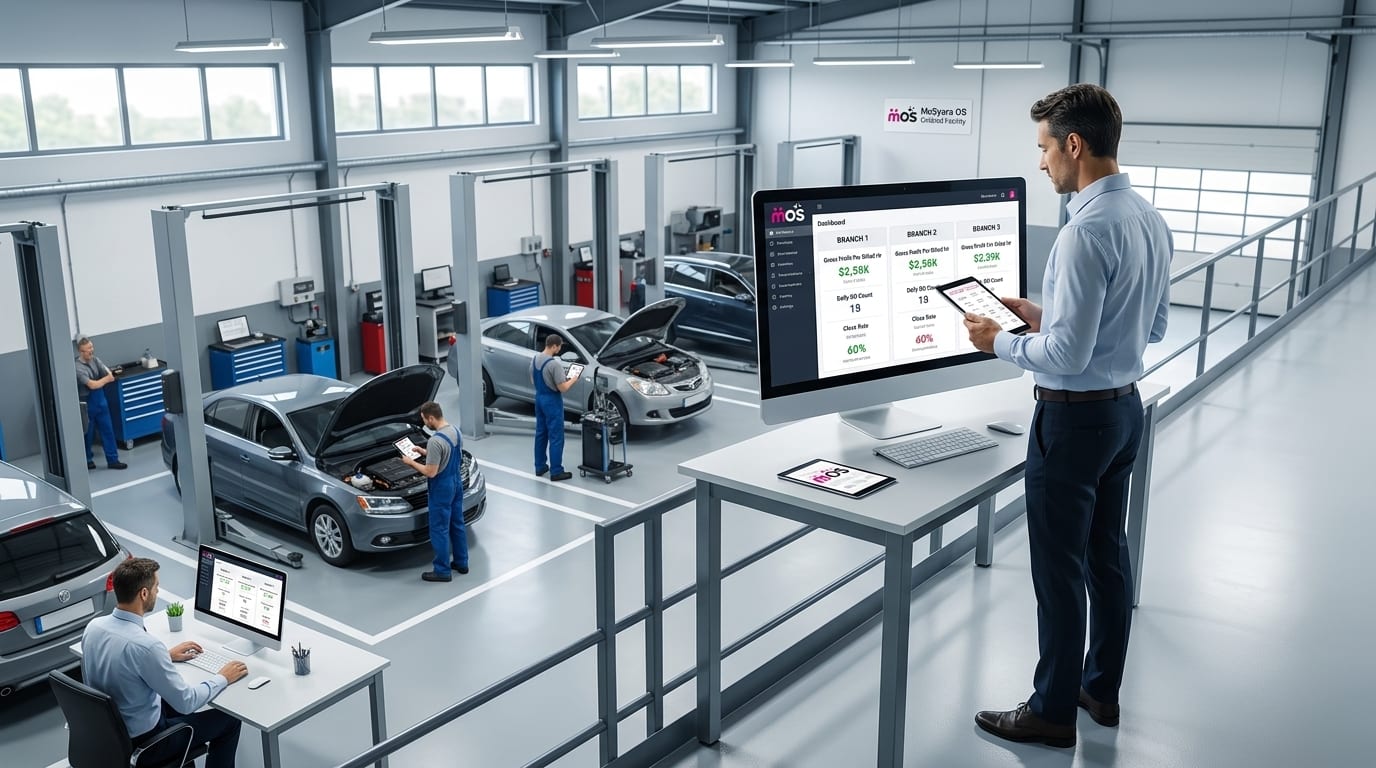 Workshop owner reviewing a multi-branch garage software dashboard on a tablet in a modern workshop