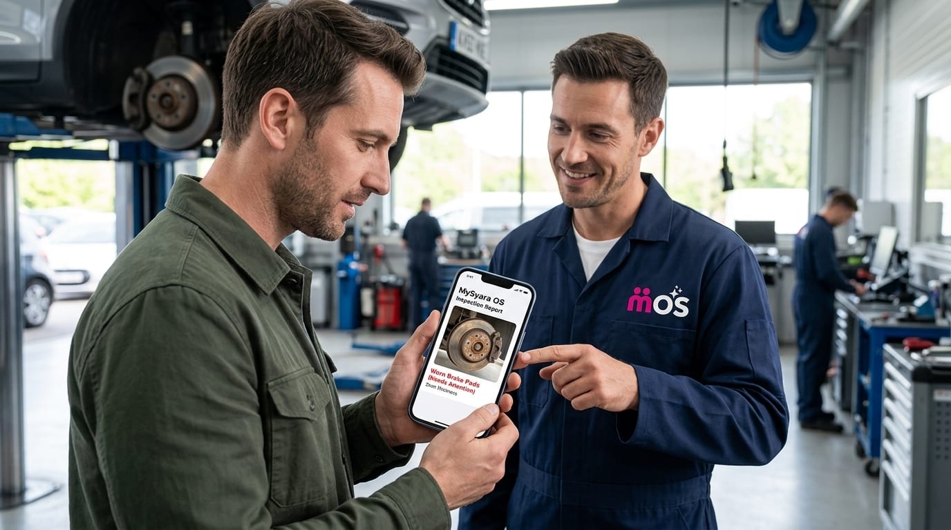 Service technician walking a customer through a multi-point inspection report on a phone at the workshop counter