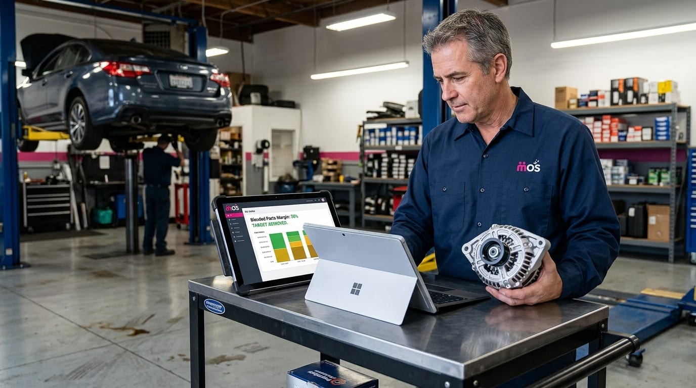 Technician reviewing parts markup figures on a tablet while holding a vehicle part beside a workbench in a workshop