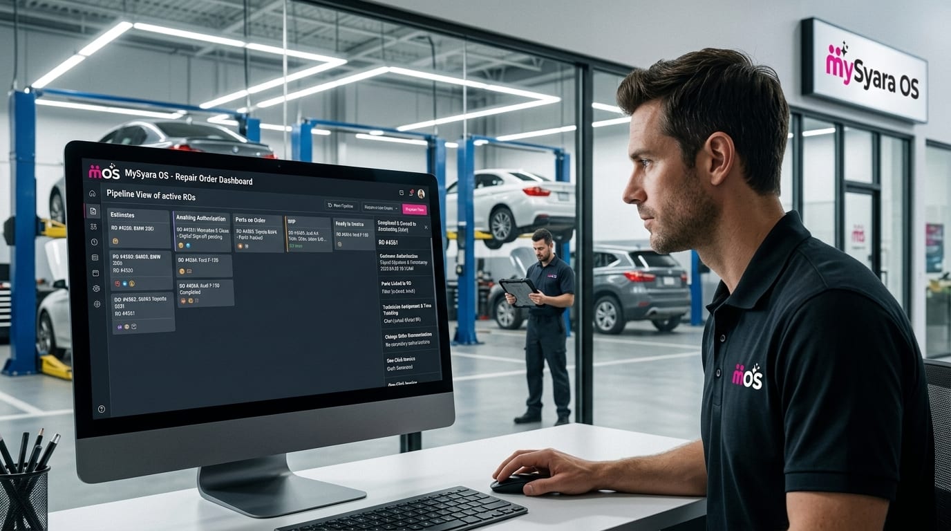 Service advisor walking through a repair order on a tablet at a workshop service counter with a vehicle on a lift behind