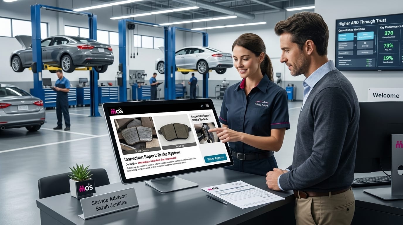 Service advisor reviewing customer communication best practices on a tablet at an auto repair workshop counter