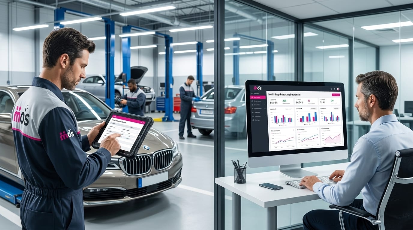 Shop owner reviewing a switch from one shop management software to another on a tablet in an auto repair workshop