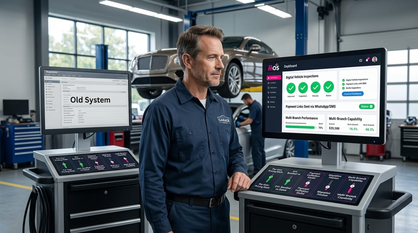 Shop owner evaluating a Tekmetric alternative on a tablet in a modern auto repair workshop bay
