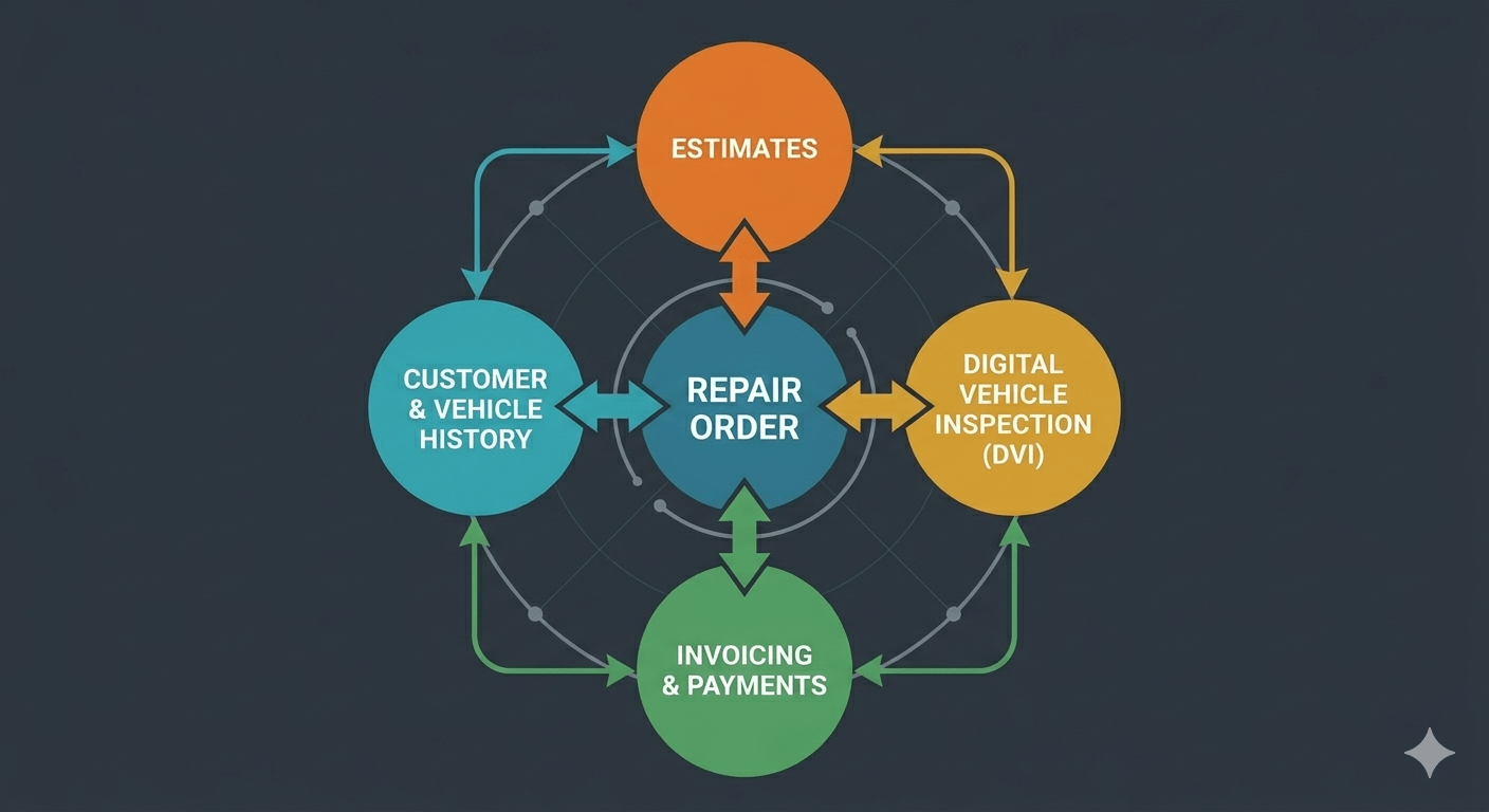 Diagram of five pillars of shop management software: work orders at center, with estimates, digital vehicle inspections, invoicing, and customer history connected to it