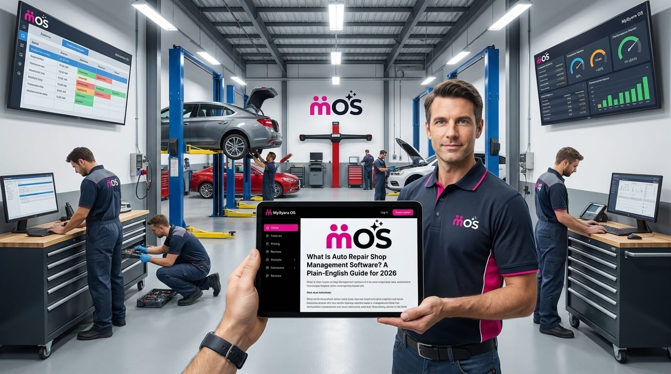 Service advisor at a workshop counter using a tablet to review a repair order, with a vehicle on a lift in the background