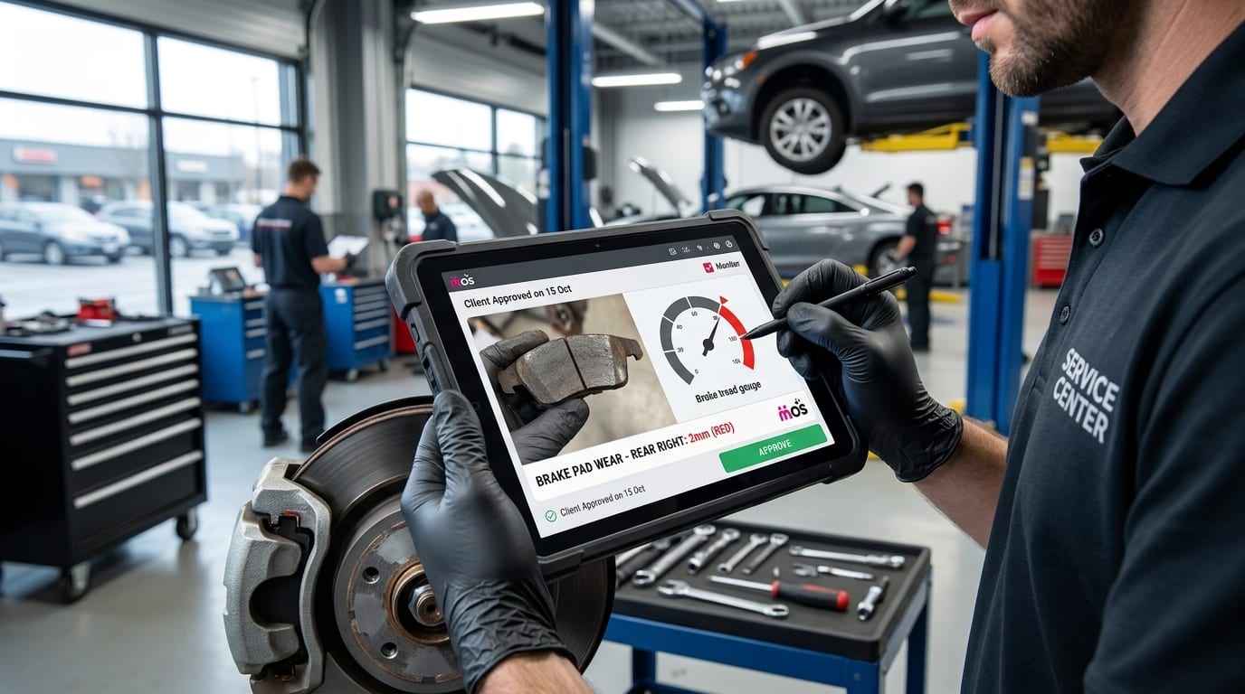Service technician holding a tablet beside a vehicle in a workshop bay, recording an inspection
