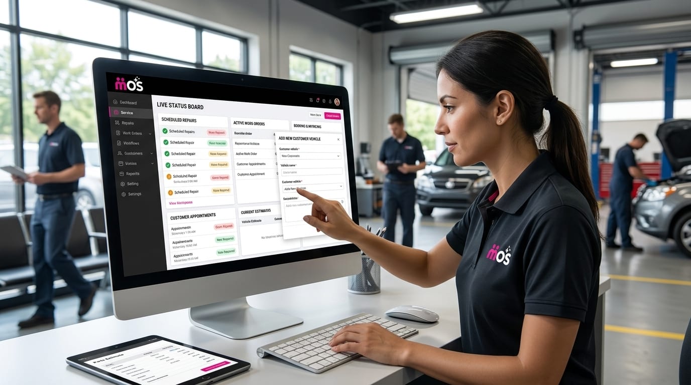 Mechanics using tablets and shop management software across multiple bays in a modern auto repair workshop