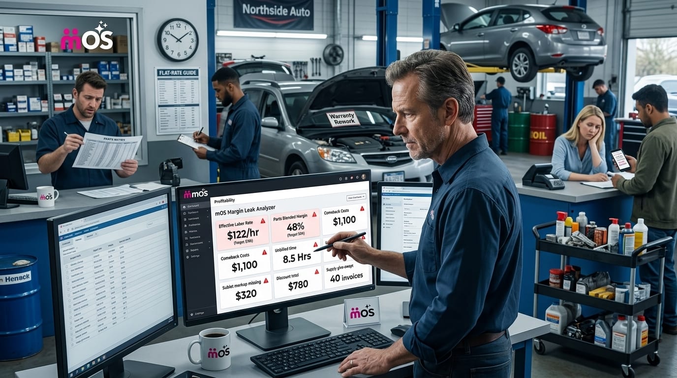 Shop owner reviewing a margin-leak report on a tablet beside vehicles on lifts in an auto repair workshop